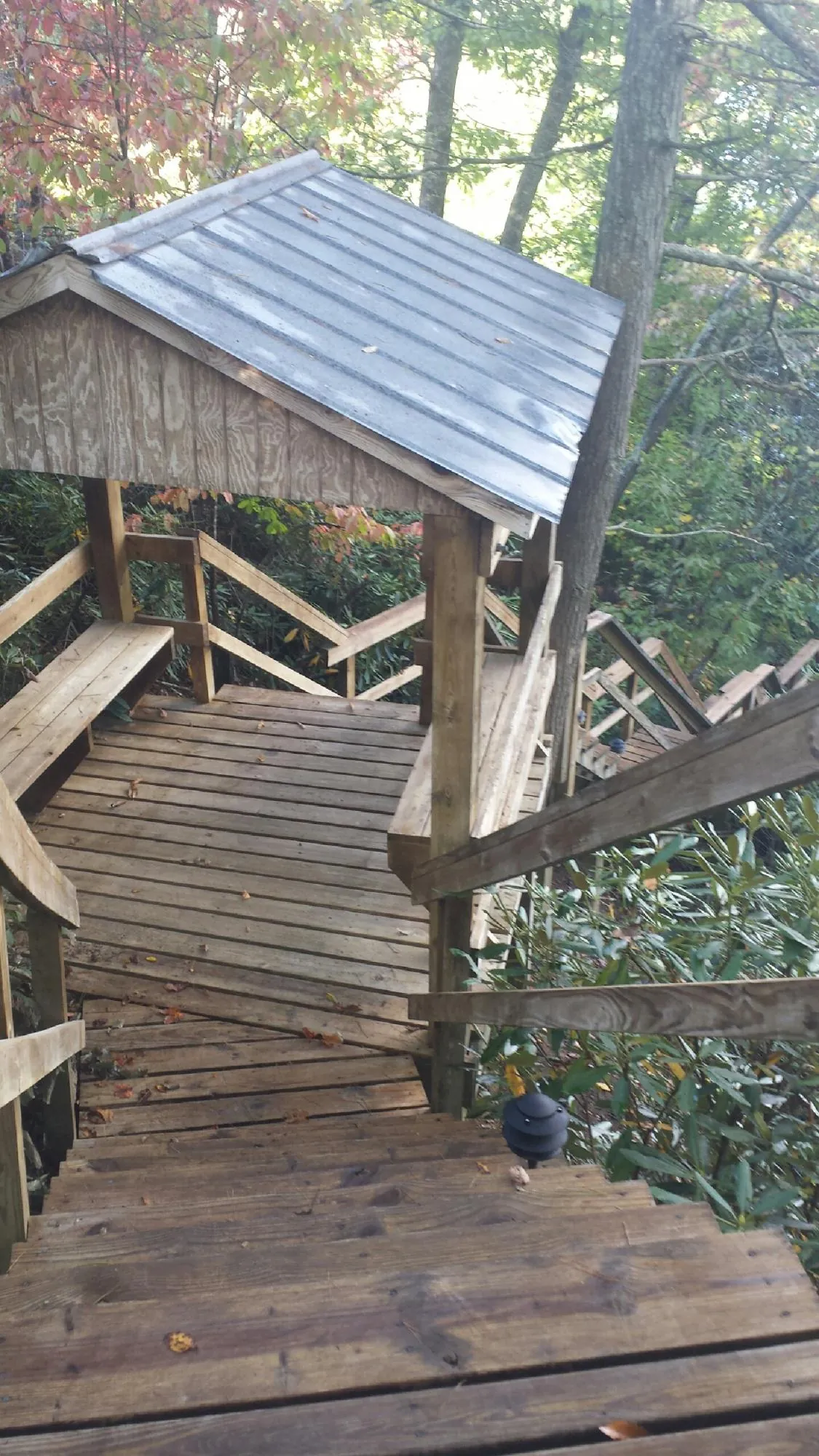 Metal roofed shelter over wooden steps on a wooded walkway — Skylight Repair & Installation work by our crew in Tintah